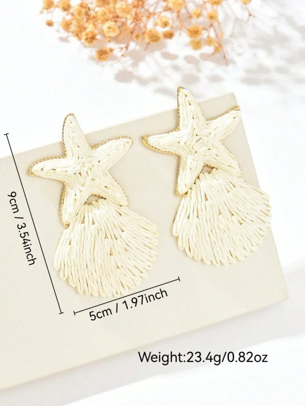 Beige Boho Women's Handmade Woven Raffia Grass Starfish & Shell Earrings